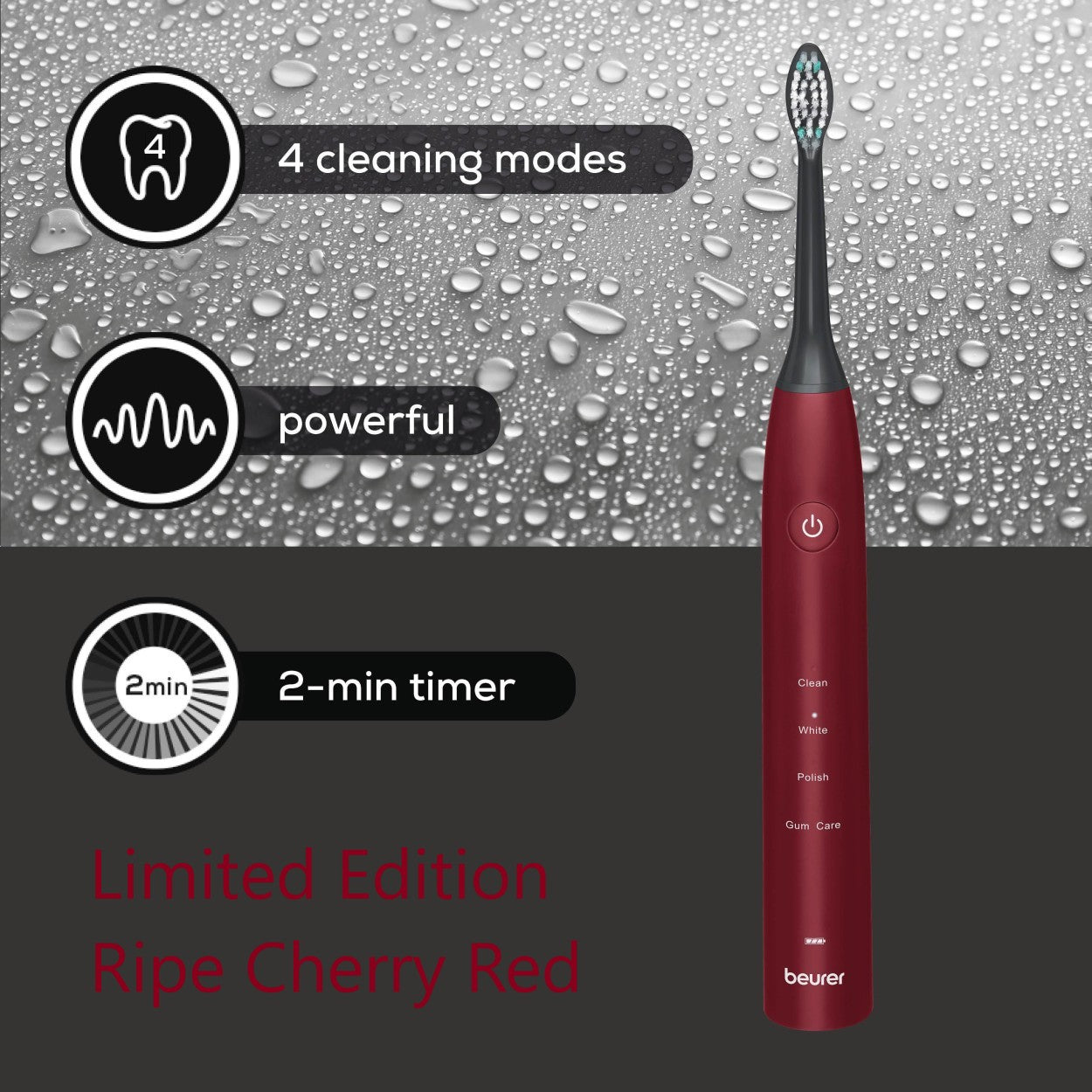 Beurer SC 30 LE25 Rechargeable Electric Sonic Toothbrush | Advanced Sonic Cleaning | Eco-Friendly | Ltd Edition Ripe Cherry Red