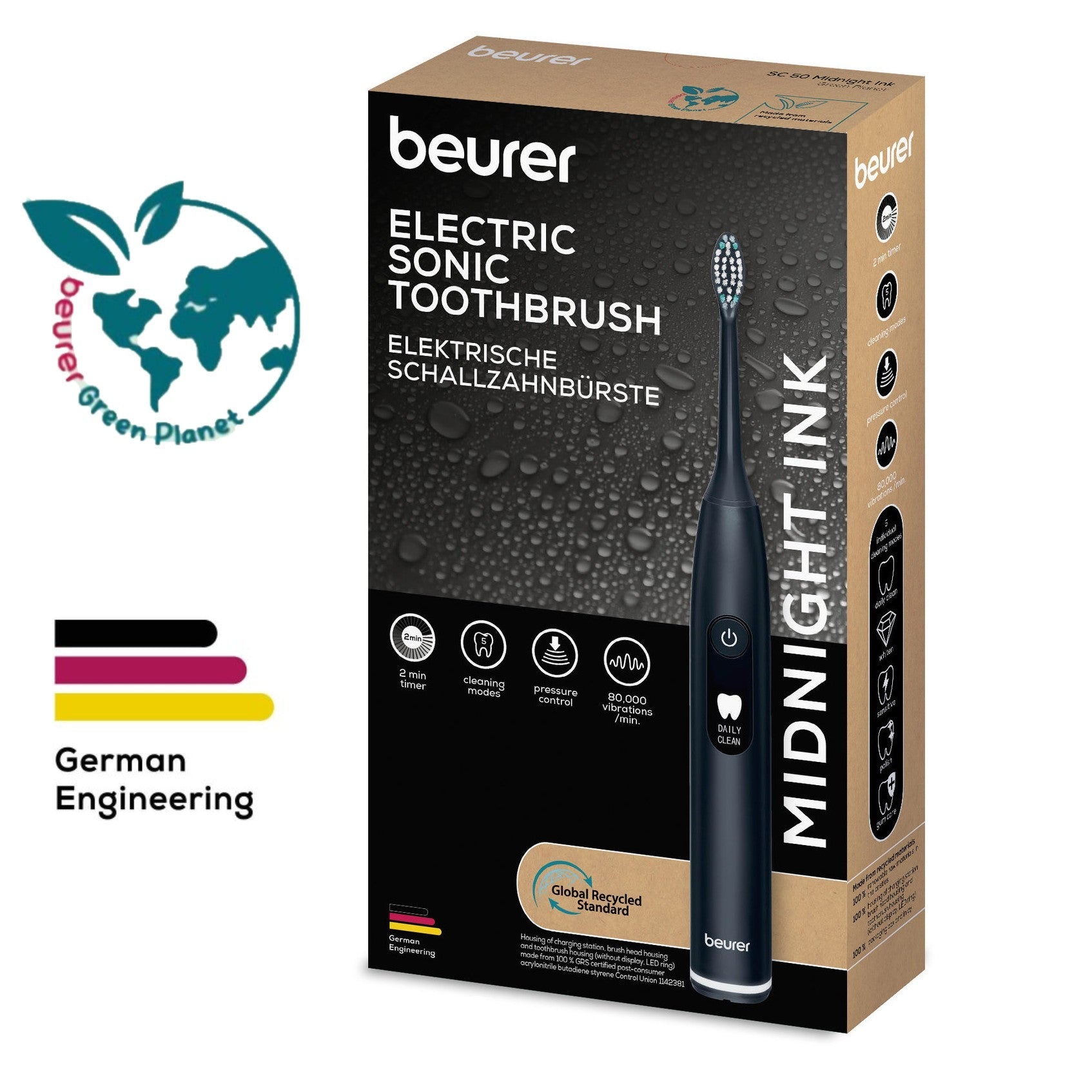 Beurer SC 50 Electric Toothbrush | Advanced Sonic Technology for Healthy Teeth & Gums | Eco-Friendly | Midnight Ink Black