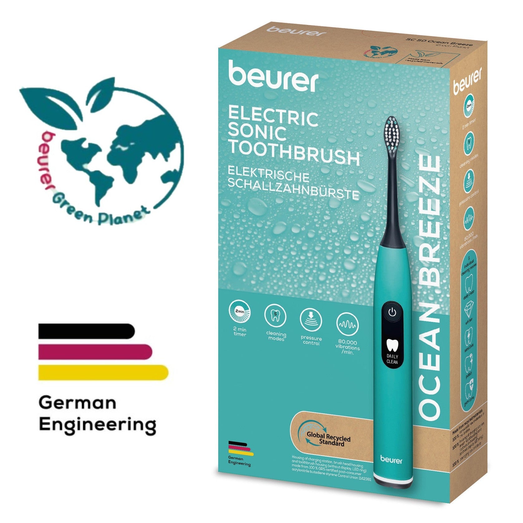 Beurer SC 50 Electric Toothbrush | Advanced Sonic Technology for Healthy Teeth & Gums | Eco-Friendly | Ocean Breeze Blue