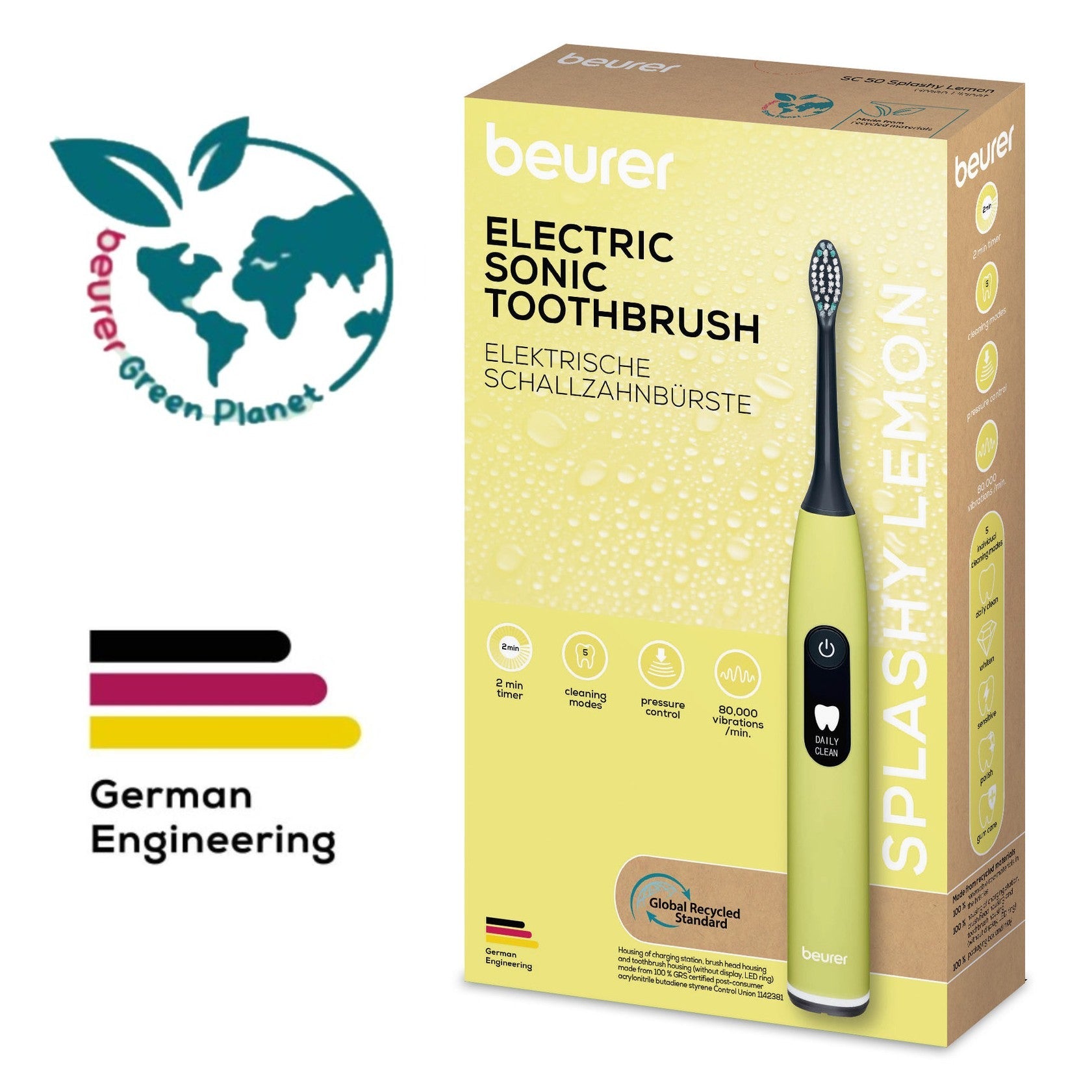 Beurer SC 50 Electric Toothbrush | Advanced Sonic Technology for Healthy Teeth & Gums | Eco-Friendly | Splashy Lemon Yellow