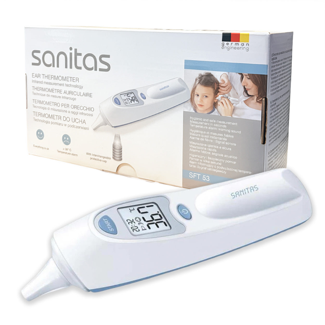 Sanitas SFT 53 Thermometer: Quick Digital In-Ear Infrared Thermometer with Protective Caps
