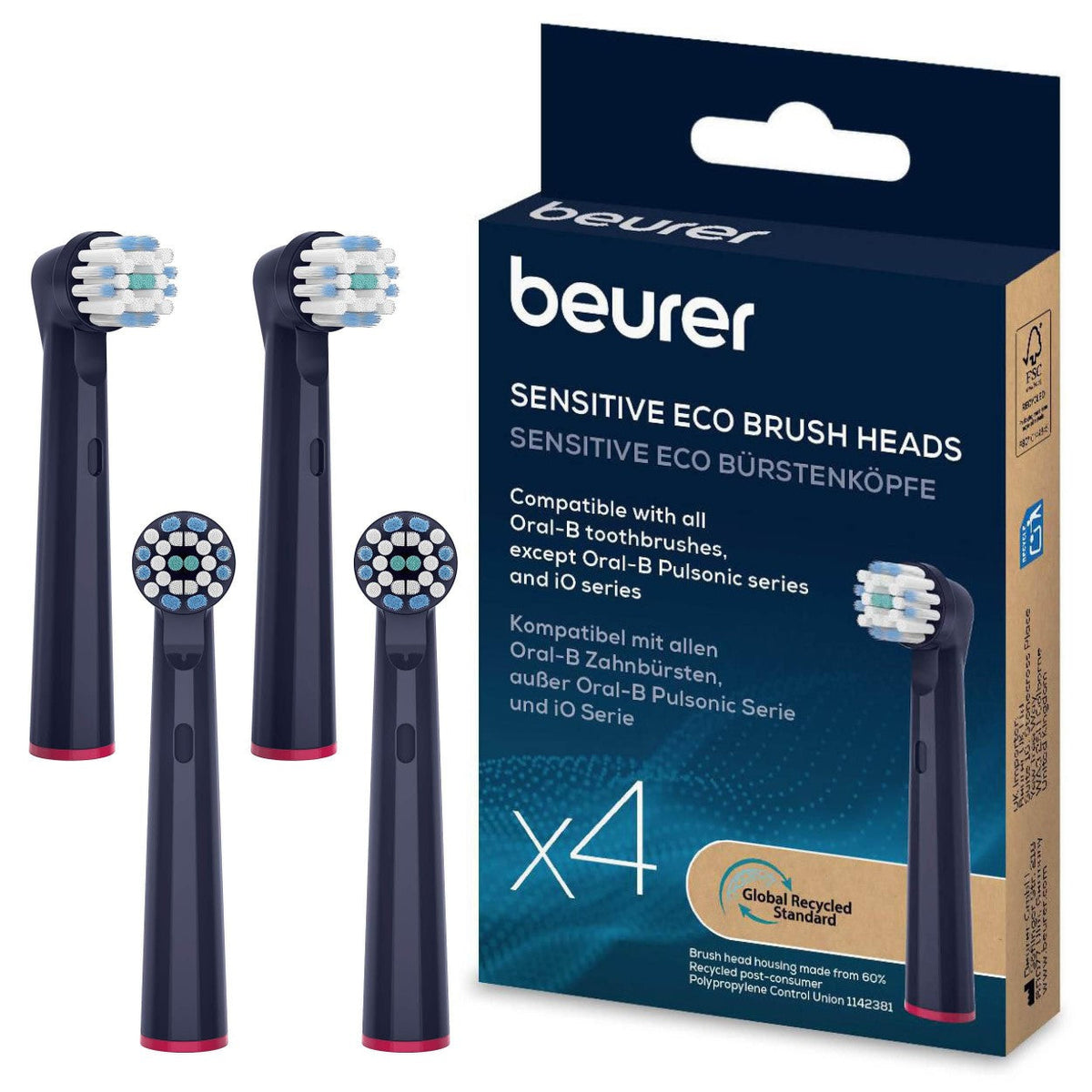 Beurer Spare Toothbrush Heads Compatible with TB, Oral B & Standard Rotating Toothbrushes | Soft Bristles | Eco-Friendly | Sensitive x4