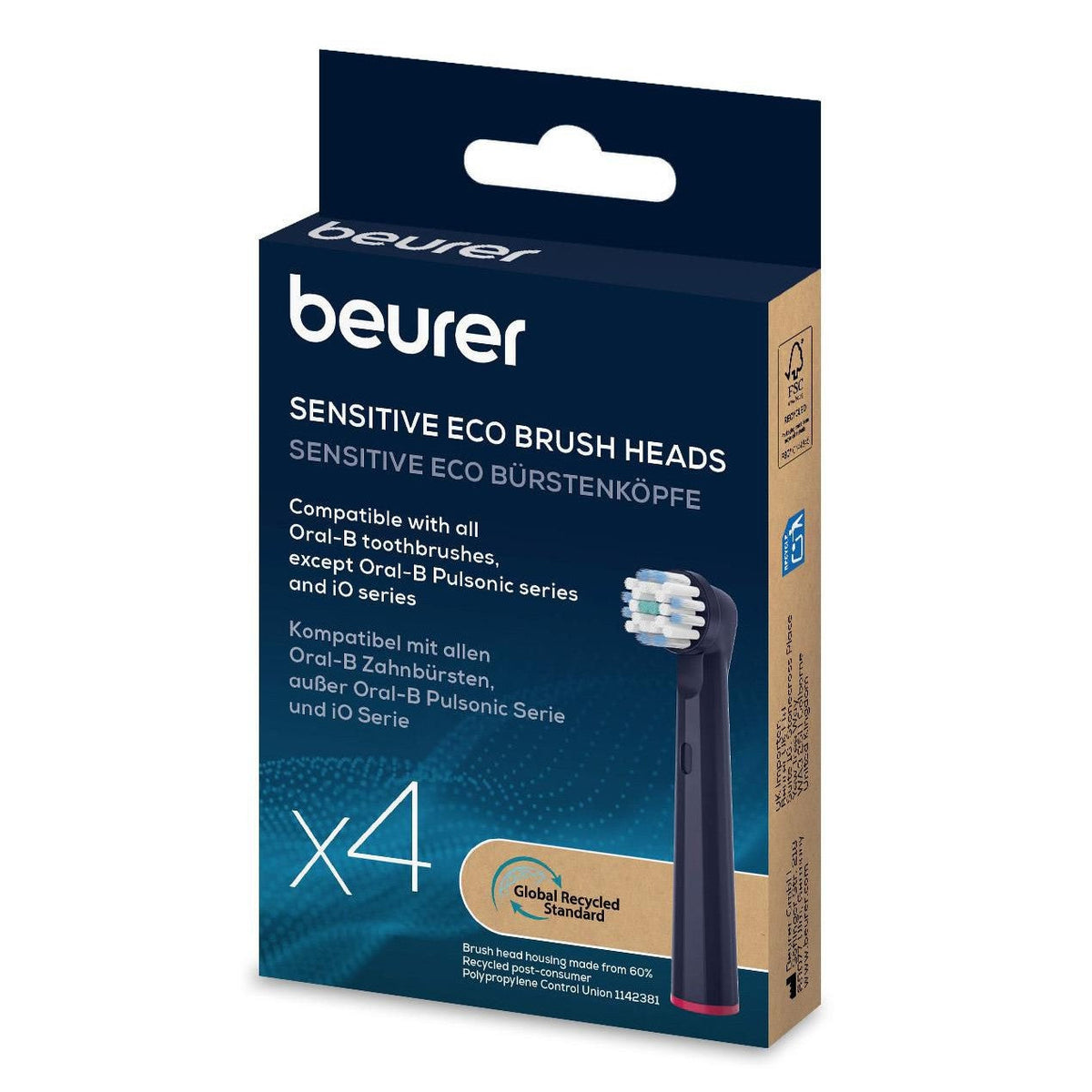 Beurer Spare Toothbrush Heads Compatible with TB, Oral B & Standard Rotating Toothbrushes | Soft Bristles | Eco-Friendly | Sensitive x4