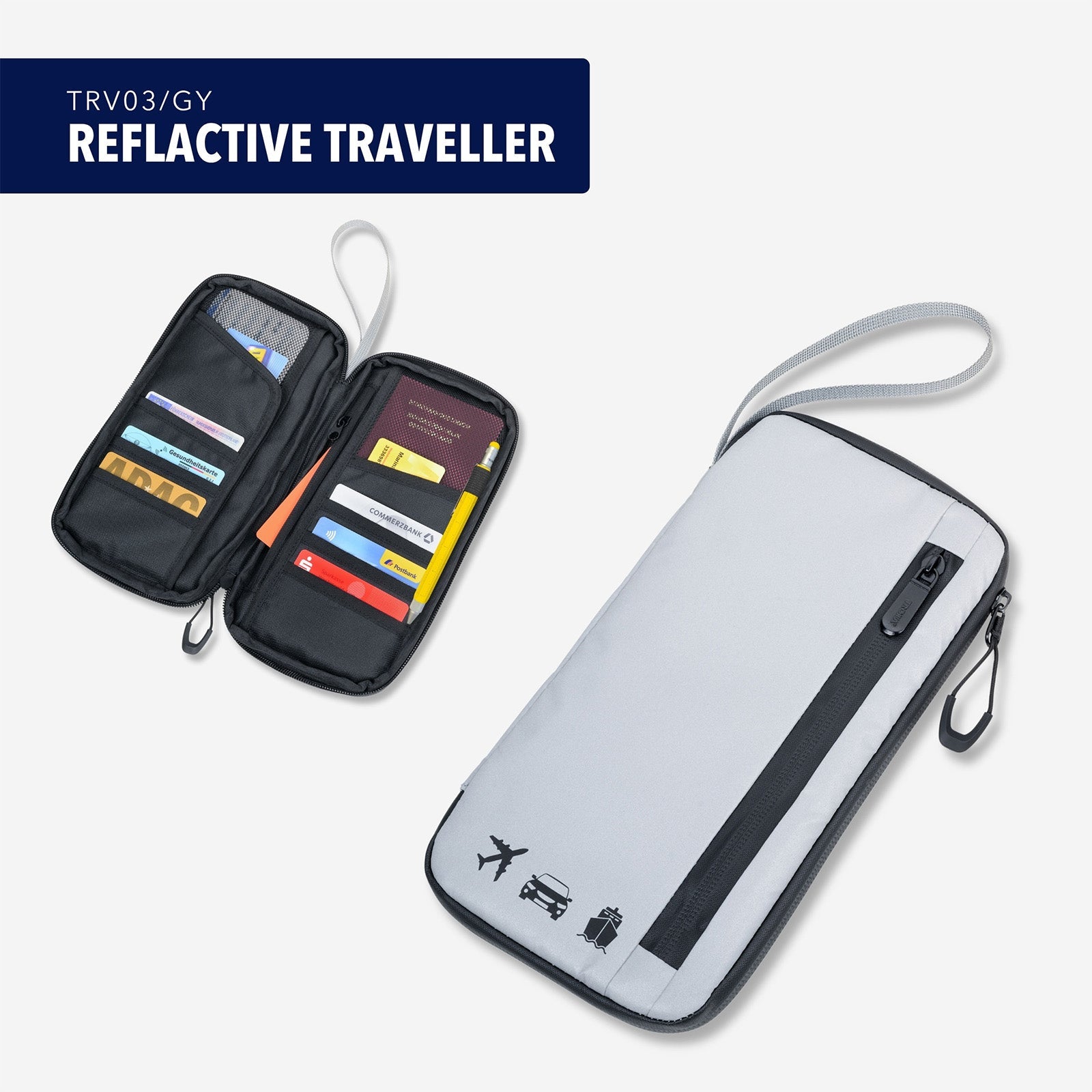 TROIKA Germany Travel Wallet | Reflective Case | 11 Compartments | Hand Strap