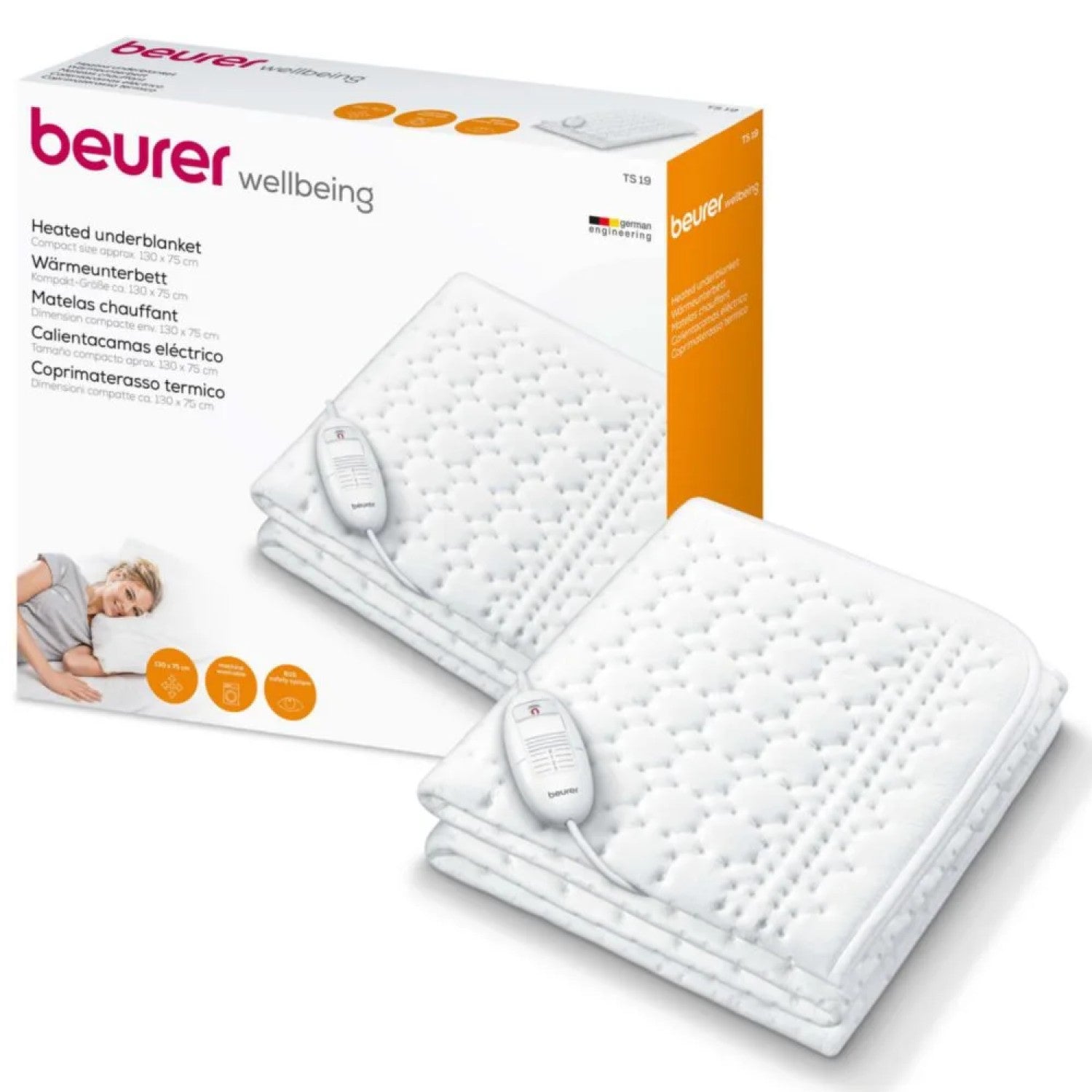 Beurer TS 19 Compact Electric Blanket: Fleece Heated Underblanket. 3 Heat Settings. 130x75cm