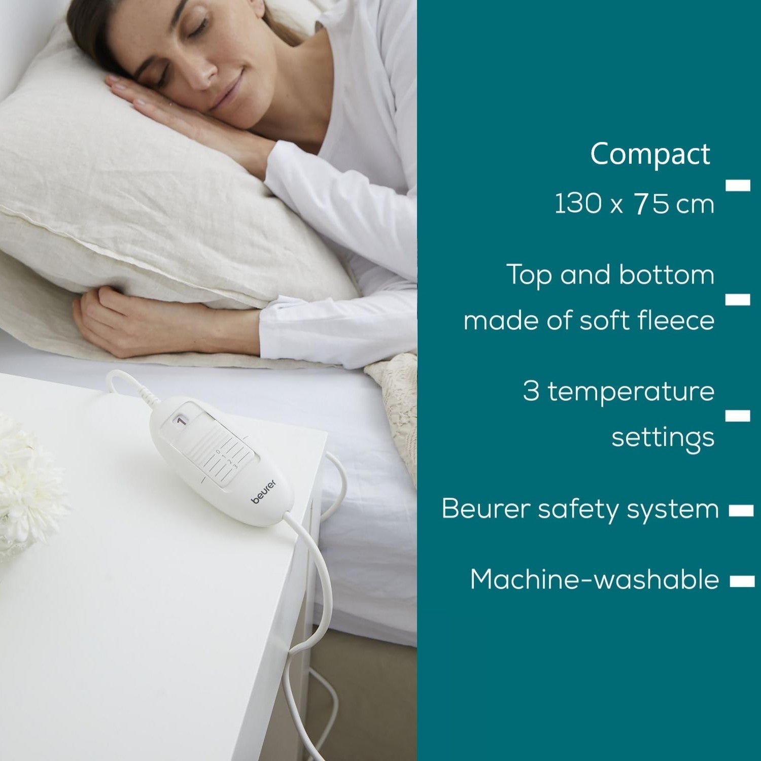 Beurer TS 19 Compact Electric Blanket: Fleece Heated Underblanket. 3 Heat Settings. 130x75cm