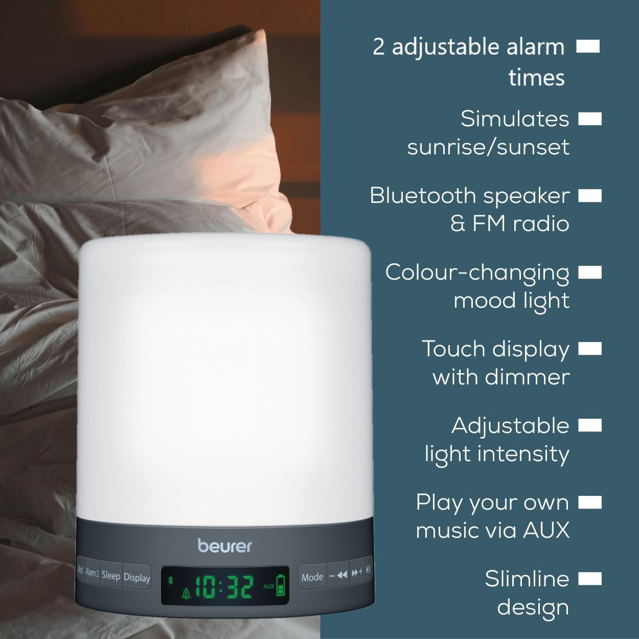Beurer WL 50 Alarm Clock | Sunrise/Sunset Simulation | Radio & Bluetooth Speaker | Bedside Light | LED Light Colours