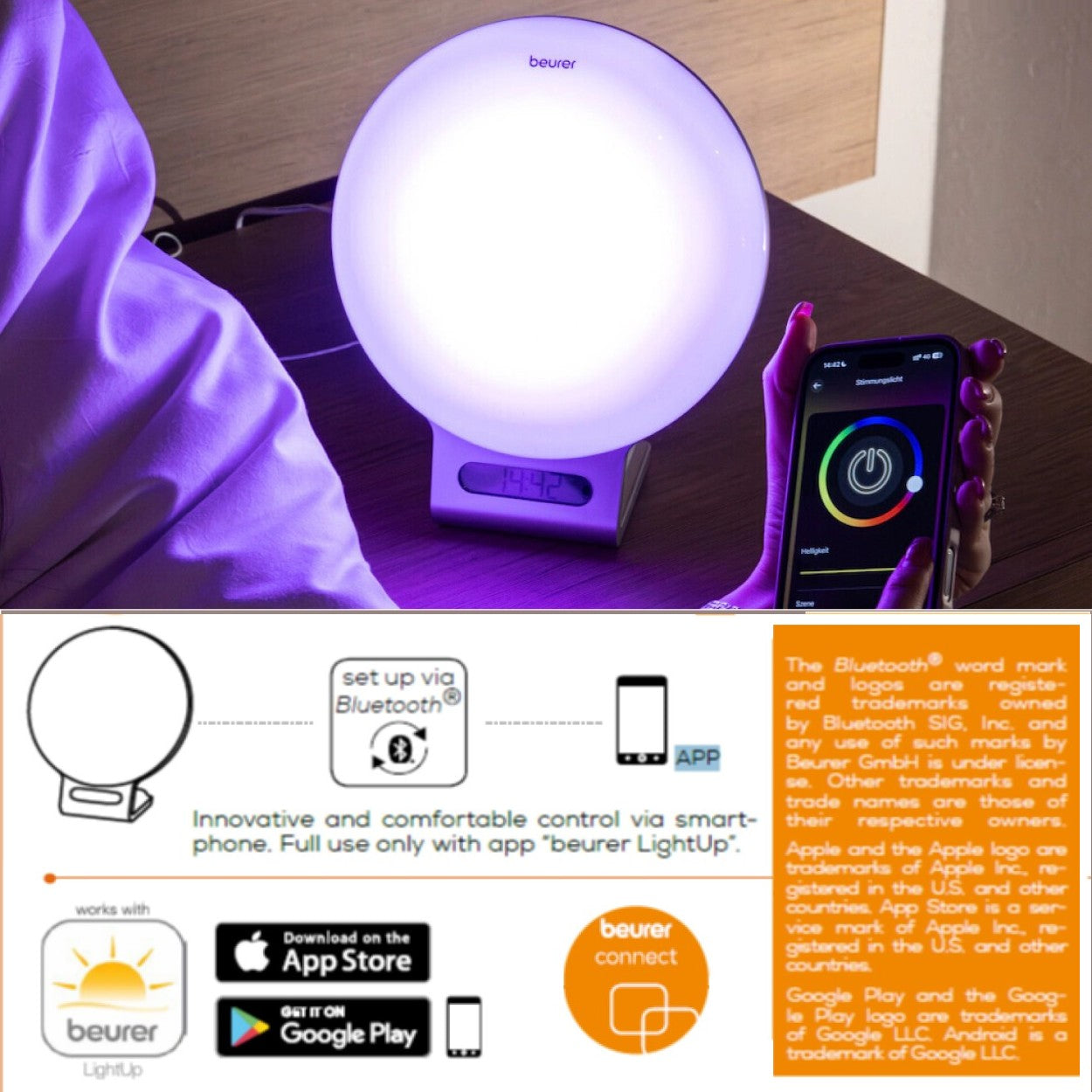 Beurer WL 75 Wake Up Light Alarm Clock +App | Sunrise & Sunset Simulation | Radio | Bedside Light | USB Phone Charger