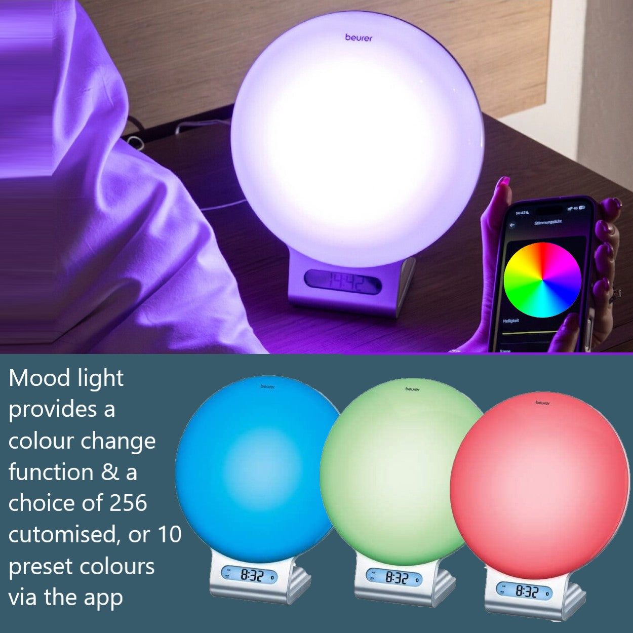 Beurer WL 75 Wake Up Light Alarm Clock +App | Sunrise & Sunset Simulation | Radio | Bedside Light | USB Phone Charger