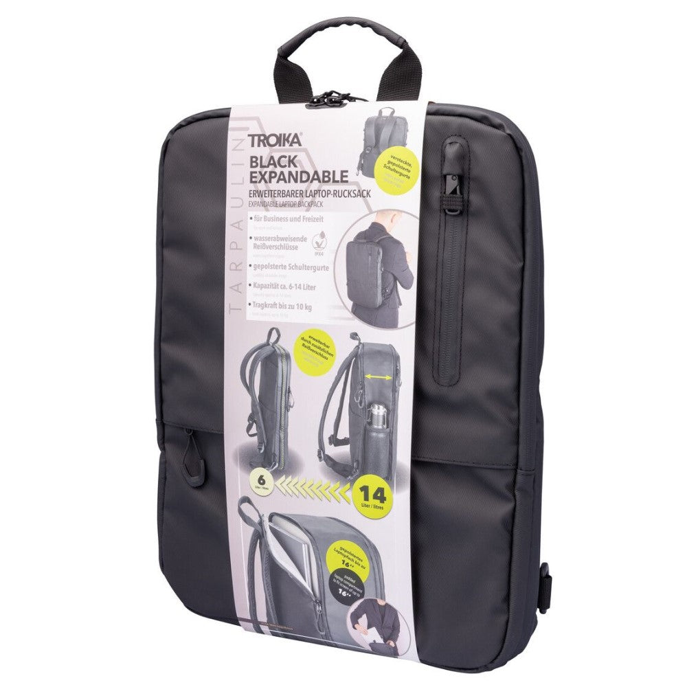 Troika Laptop Backpack: For 16" Laptop & Expandable from 6L to 14L – Black