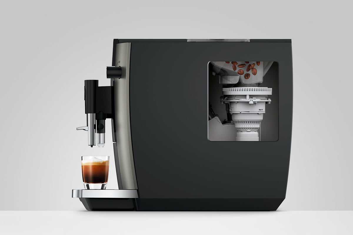 JURA E6 side view showing the grinder and coffee beans