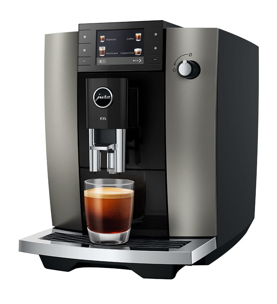 JURA E6 coffee machine in Dark Inox, angled front view