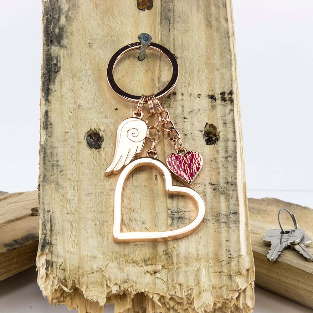 TROIKA Keyring with 3 charms LOVE IS IN THE AIR Rose Gold Colour