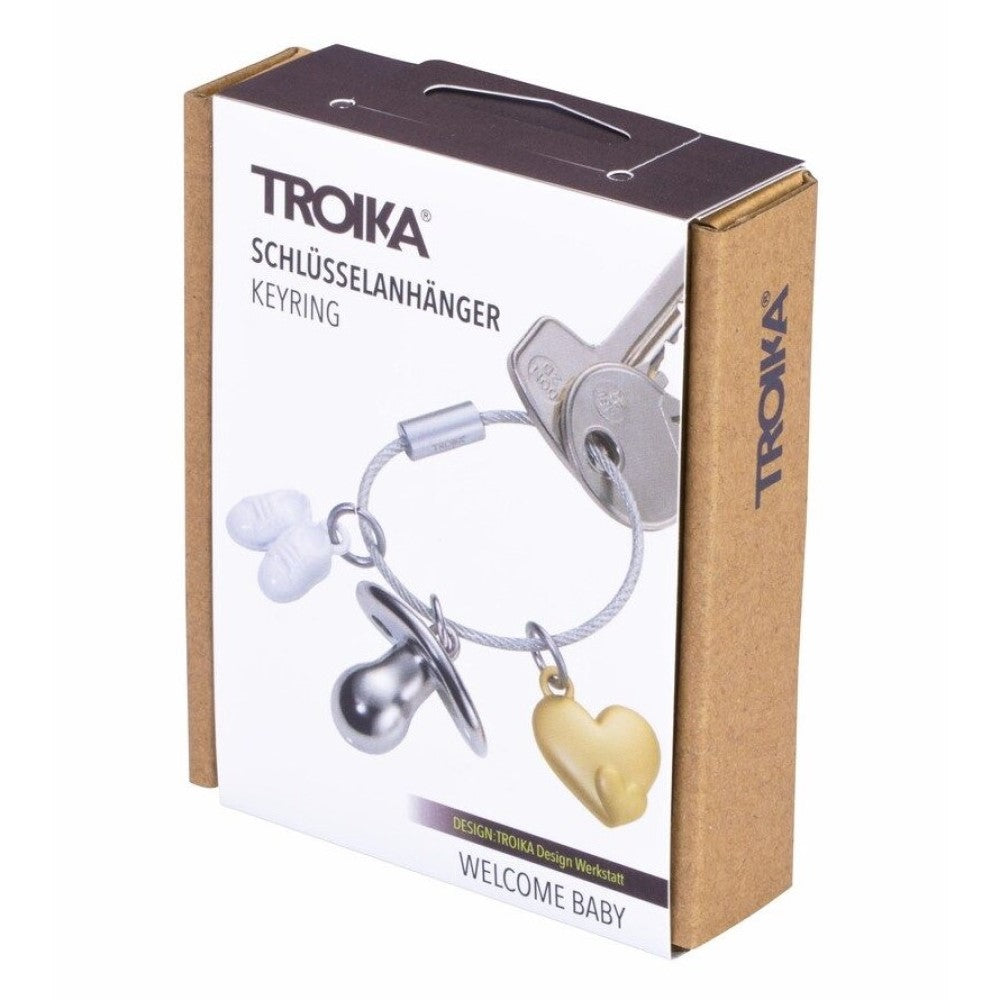 TROIKA Keyring – Welcome Baby with 3 Charms: Dummy, Heart and Baby Shoes