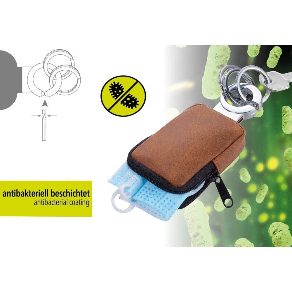 TROIKA Click-Lock Keyring with Anti-Bacterial Pouch CLEAN CLICK in Brown