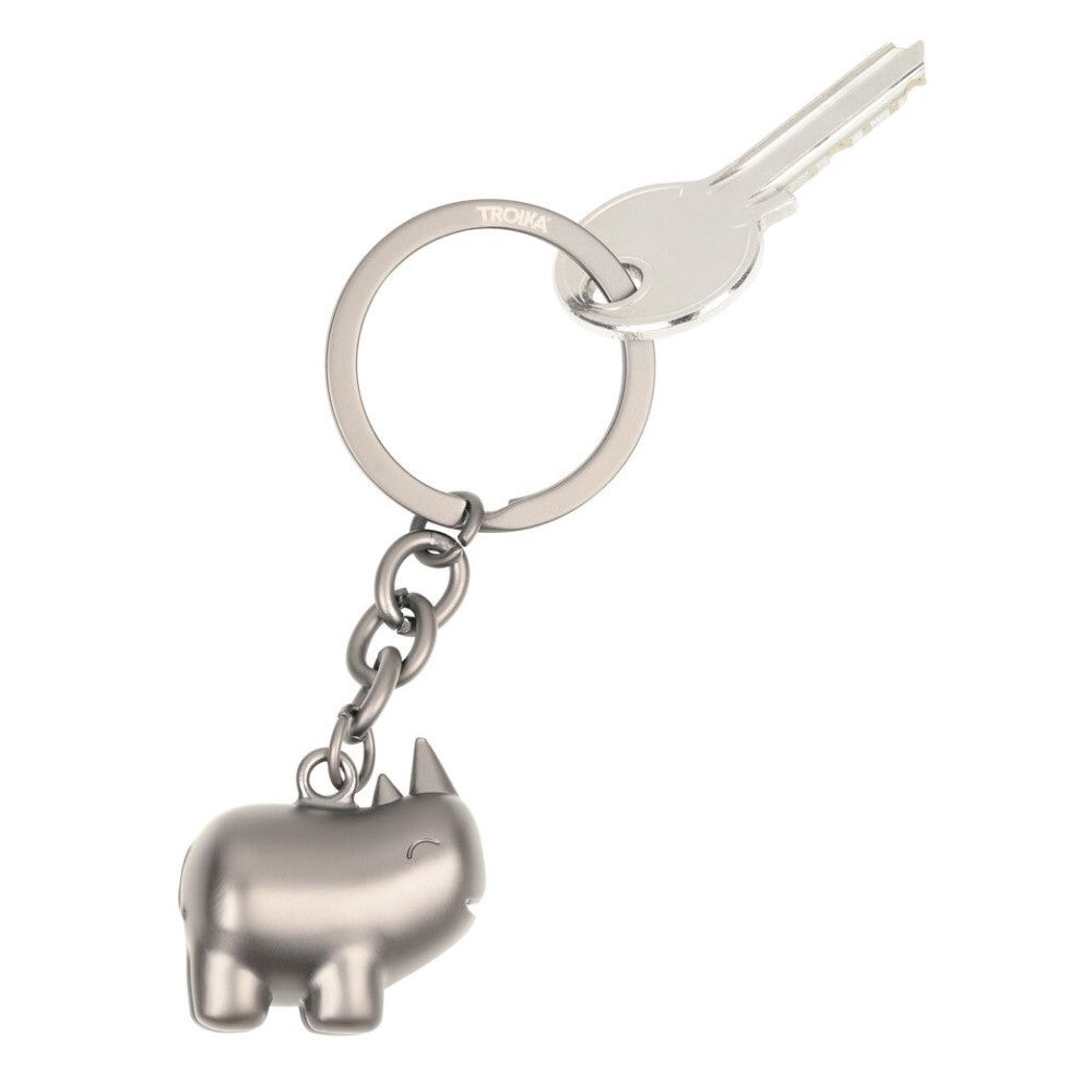 TROIKA Keyring: Rhino Pendant on Round Split Key Ring: Gunmetal Grey