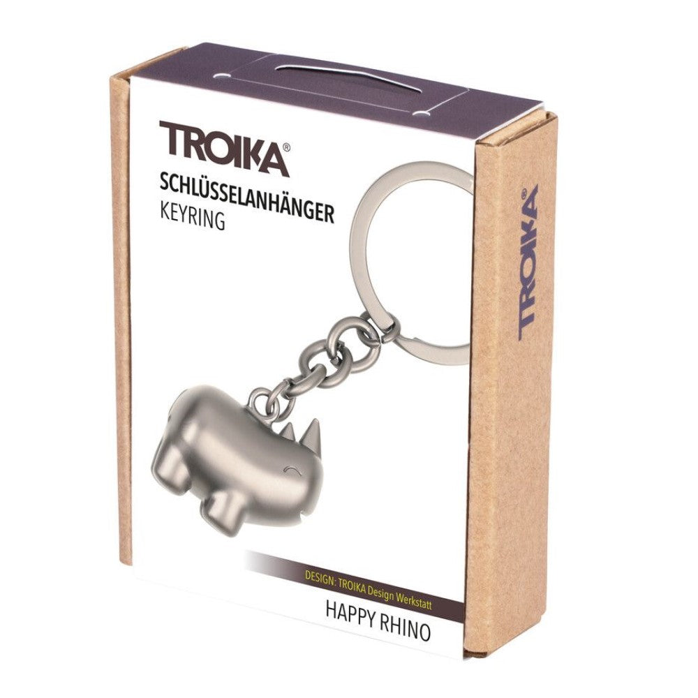 TROIKA Keyring: Rhino Pendant on Round Split Key Ring: Gunmetal Grey