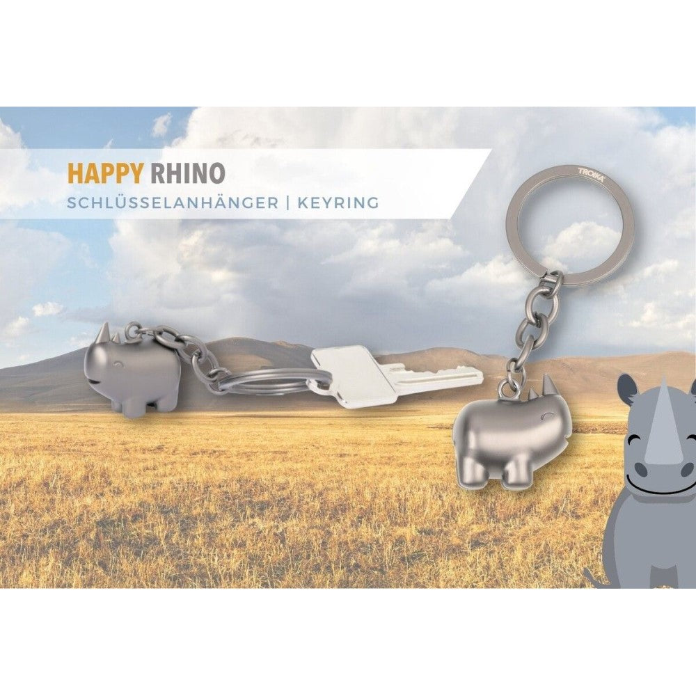 TROIKA Keyring: Rhino Pendant on Round Split Key Ring: Gunmetal Grey