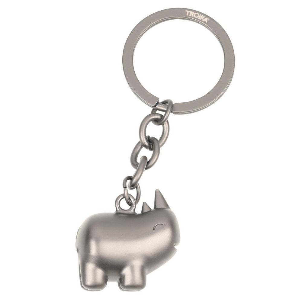 TROIKA Keyring: Rhino Pendant on Round Split Key Ring: Gunmetal Grey