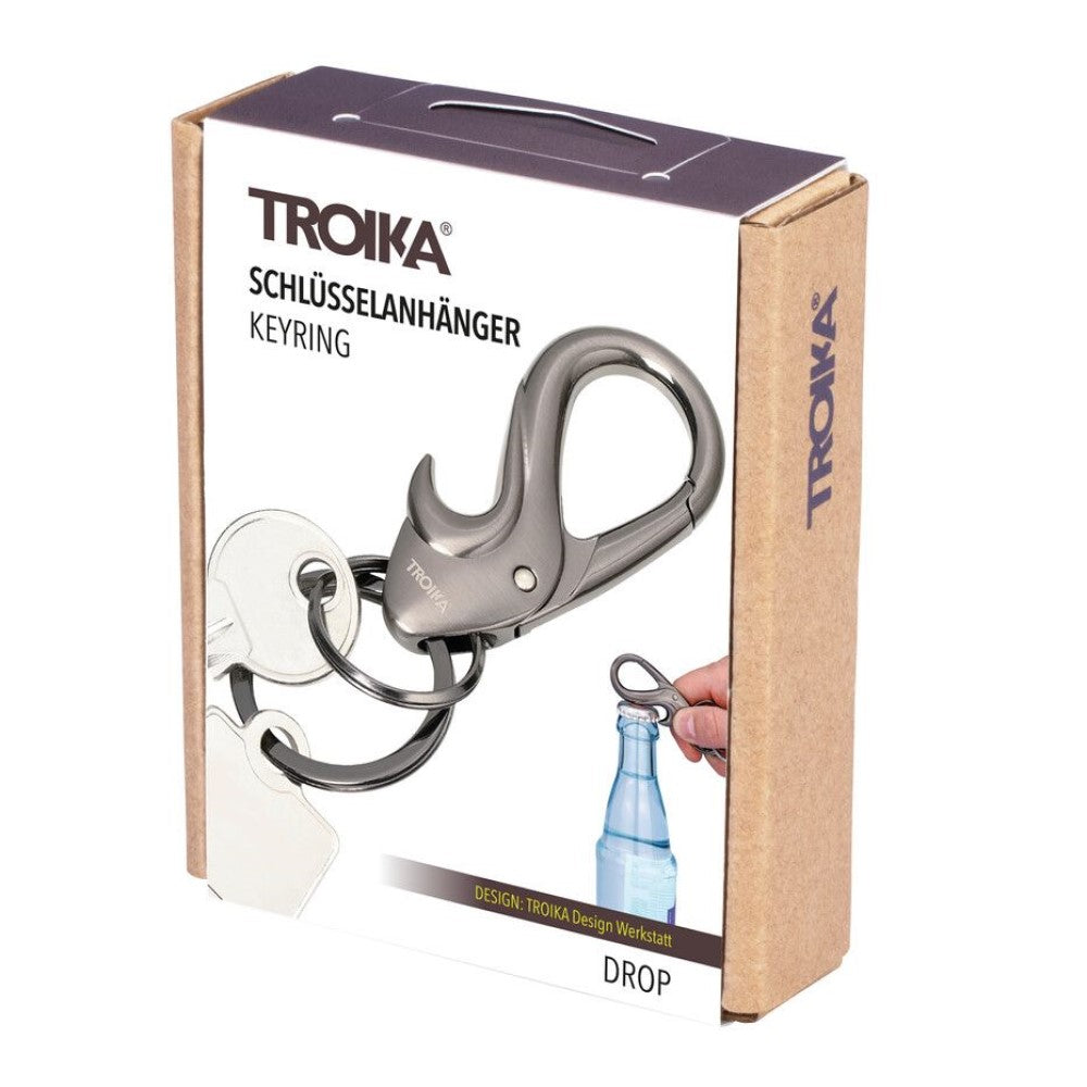TROIKA Keyring: 2 Key Rings on Drop Design Carabiner Hook / Bottle Opener