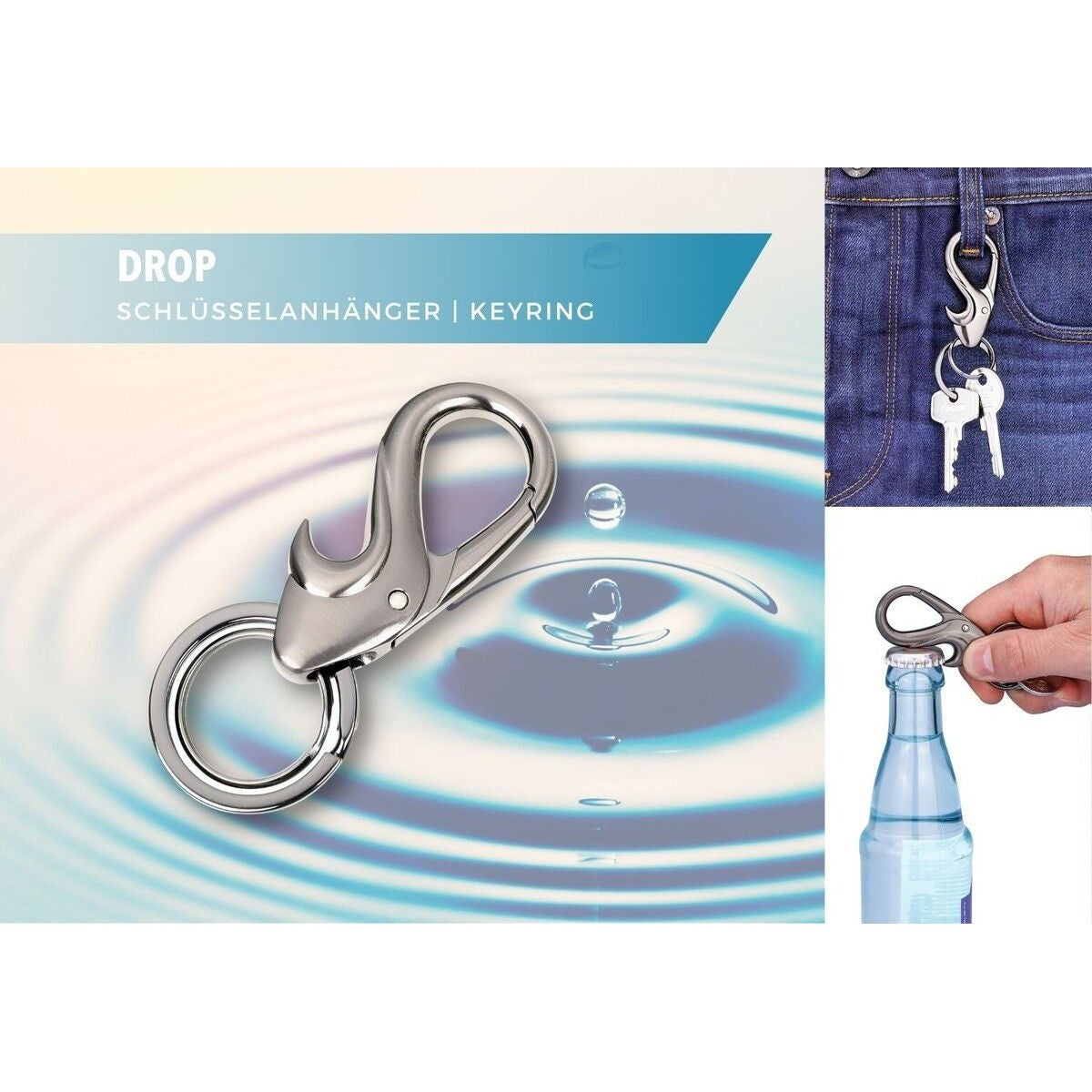 TROIKA Keyring: 2 Key Rings on Drop Design Carabiner Hook / Bottle Opener