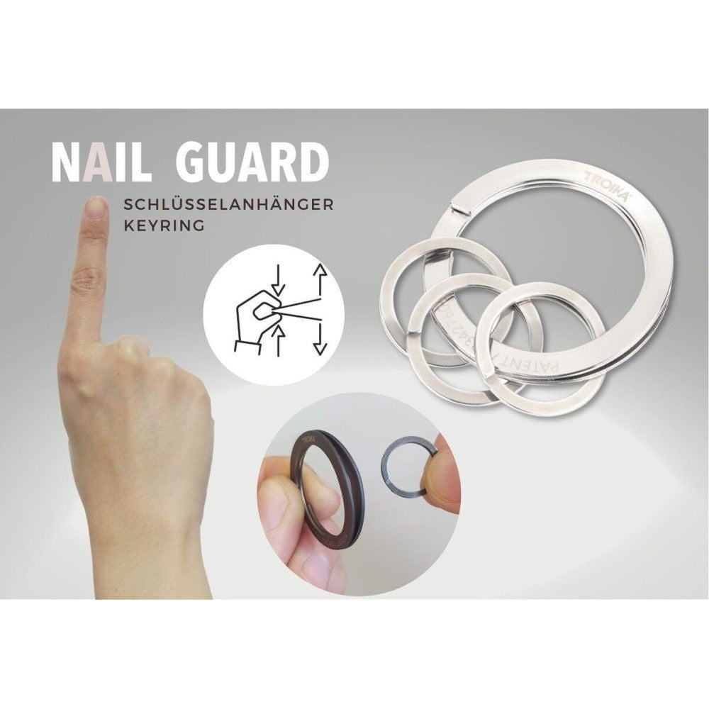 TROIKA Keyring: Nail Guard Patented Mechanism XL Split Ring & 3 Small Rings