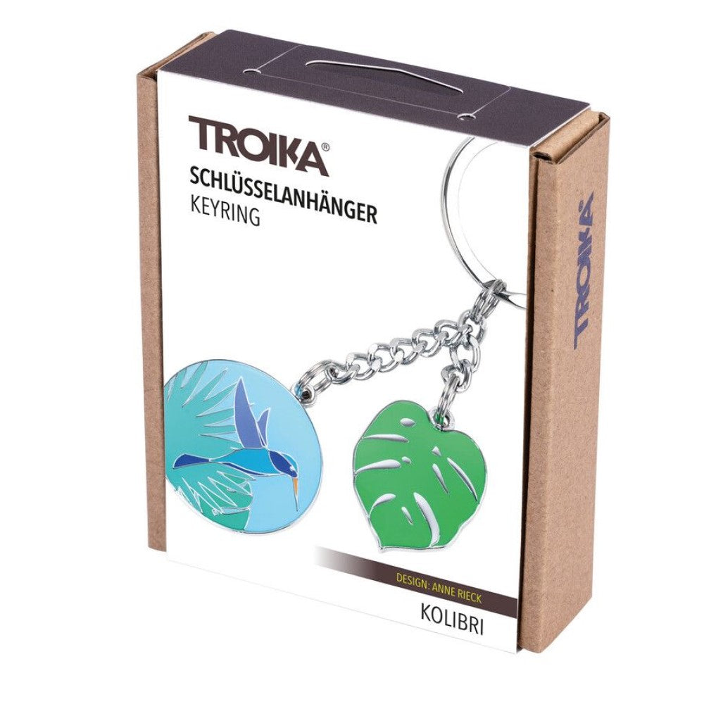 TROIKA Keyring with Monster Leaf & Hummingbird Charms: In Tropical Green & Blue