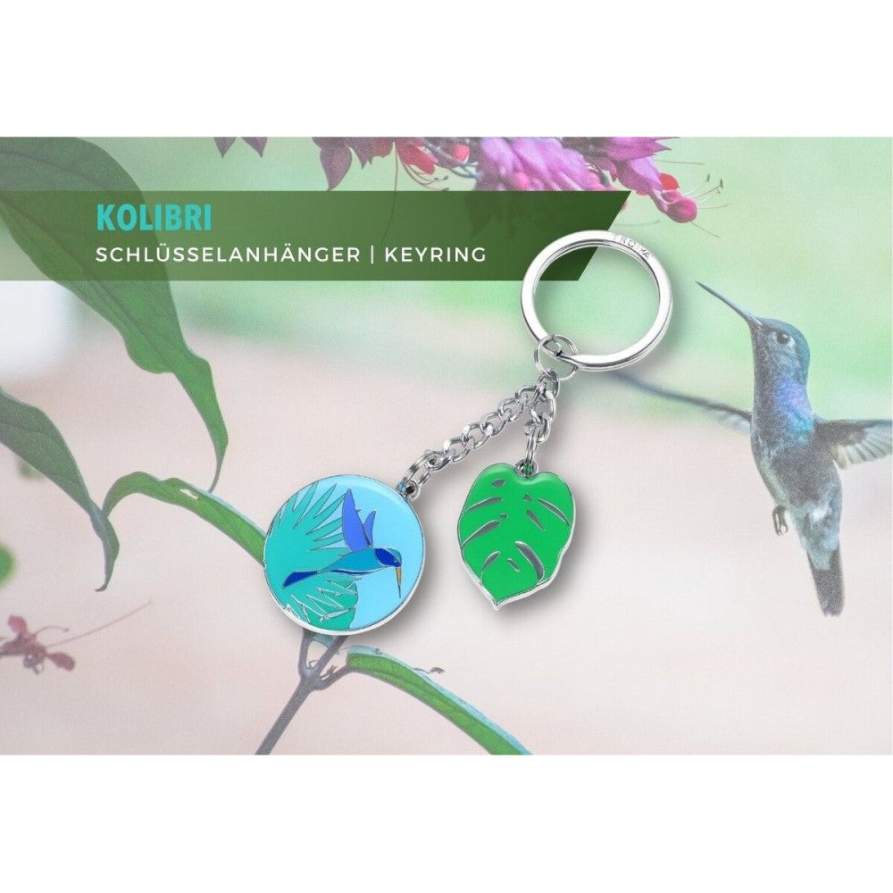 TROIKA Keyring with Monster Leaf & Hummingbird Charms: In Tropical Green & Blue