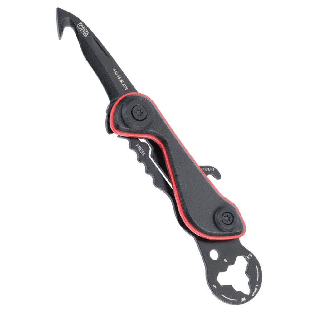 TROIKA Mini-Tool: Parcel Cutter, Blade, Keyring, Bottle Opener, Tyre Depth Gauge, Hex Keys: Black/Red