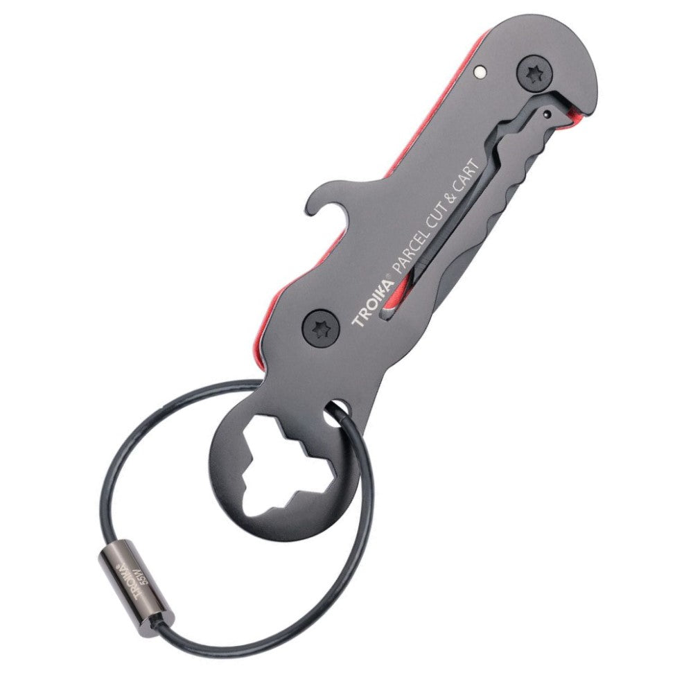 TROIKA Mini-Tool: Parcel Cutter, Blade, Keyring, Bottle Opener, Tyre Depth Gauge, Hex Keys: Black/Red