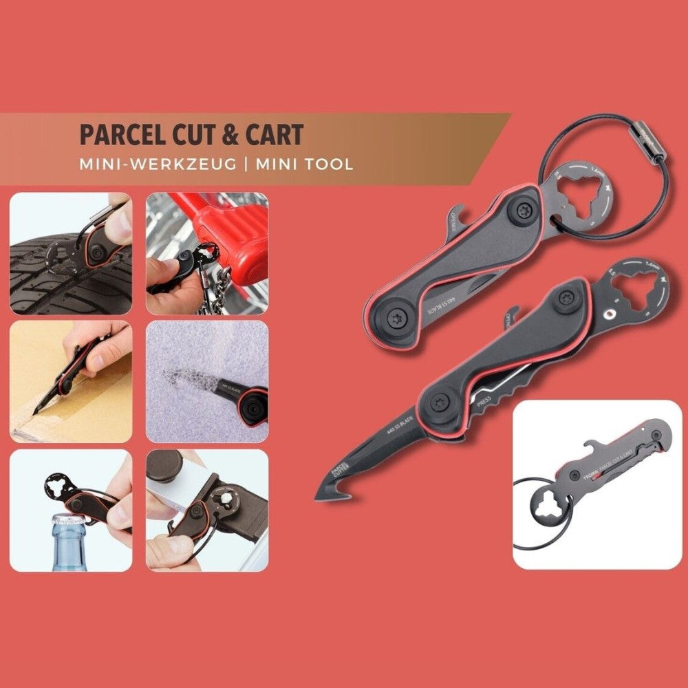 TROIKA Mini-Tool: Parcel Cutter, Blade, Keyring, Bottle Opener, Tyre Depth Gauge, Hex Keys: Black/Red