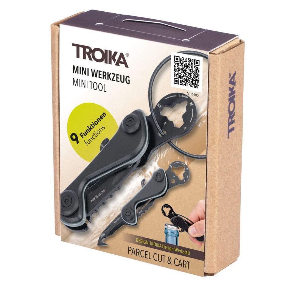 TROIKA Mini-Tool: Parcel Cutter, Blade, Keyring, Bottle Opener, Tyre Depth Gauge, Hex Keys: In Black with Titanium Grey Trim