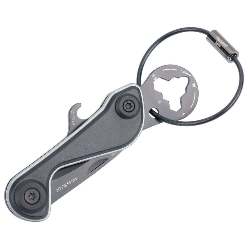 TROIKA Mini-Tool: Parcel Cutter, Blade, Keyring, Bottle Opener, Tyre Depth Gauge, Hex Keys: In Black with Titanium Grey Trim