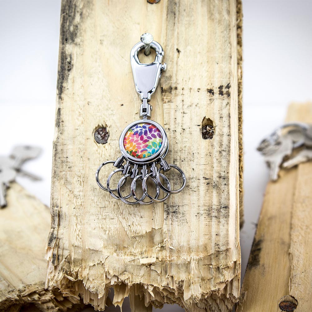TROIKA Keyring - Carabiner Hook and 6 Easy Release Rings Colourful Leaves