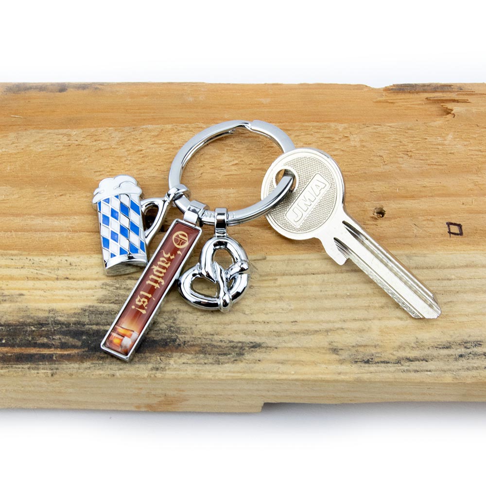 TROIKA Keyring Bavarian Themed with 3 Charms - Pretzel Beer and O ZAPFT IS