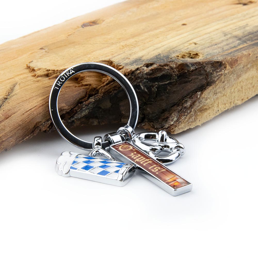 TROIKA Keyring Bavarian Themed with 3 Charms - Pretzel Beer and O ZAPFT IS