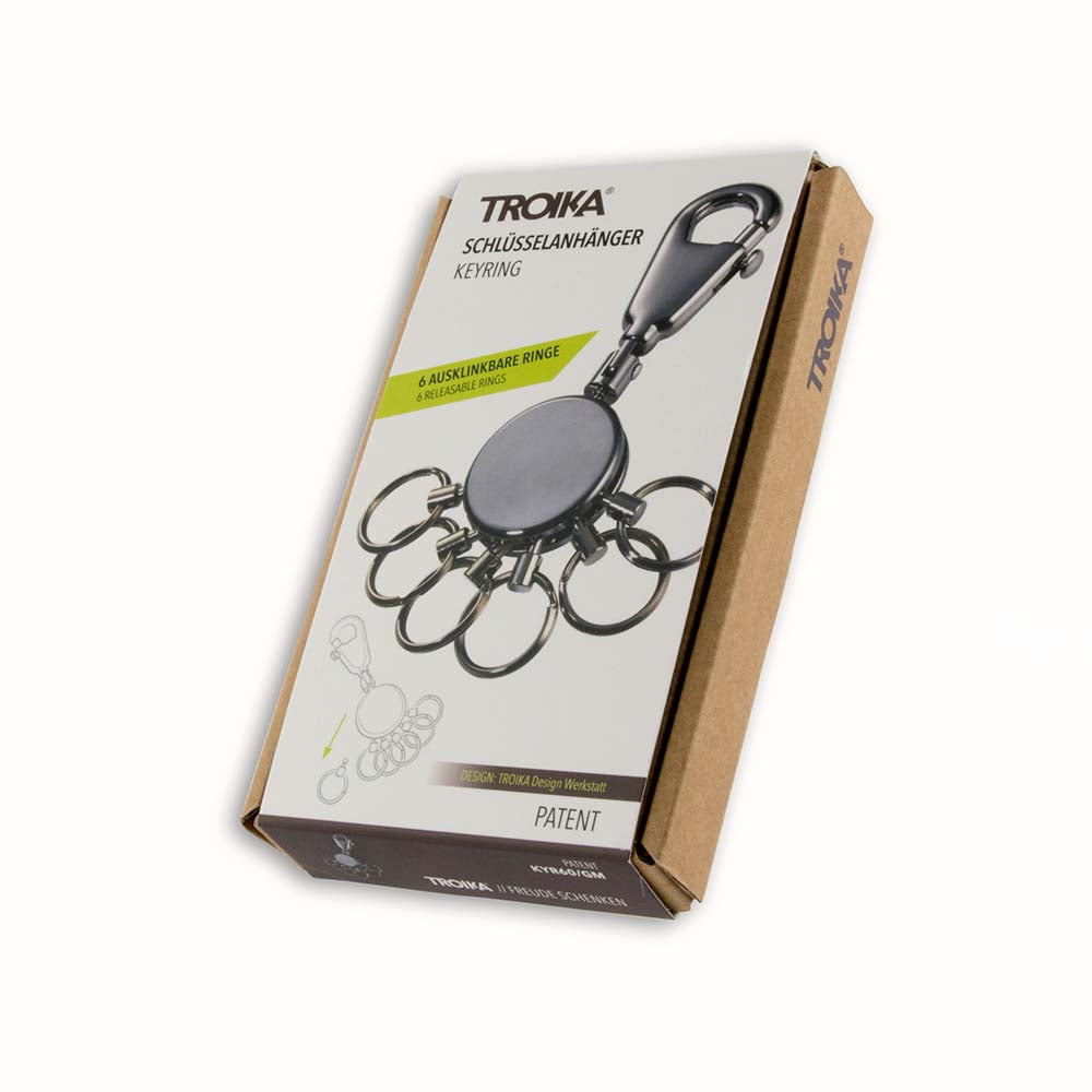 TROIKA Germany Keyring with Clip and 6 Rings | Black Chrome