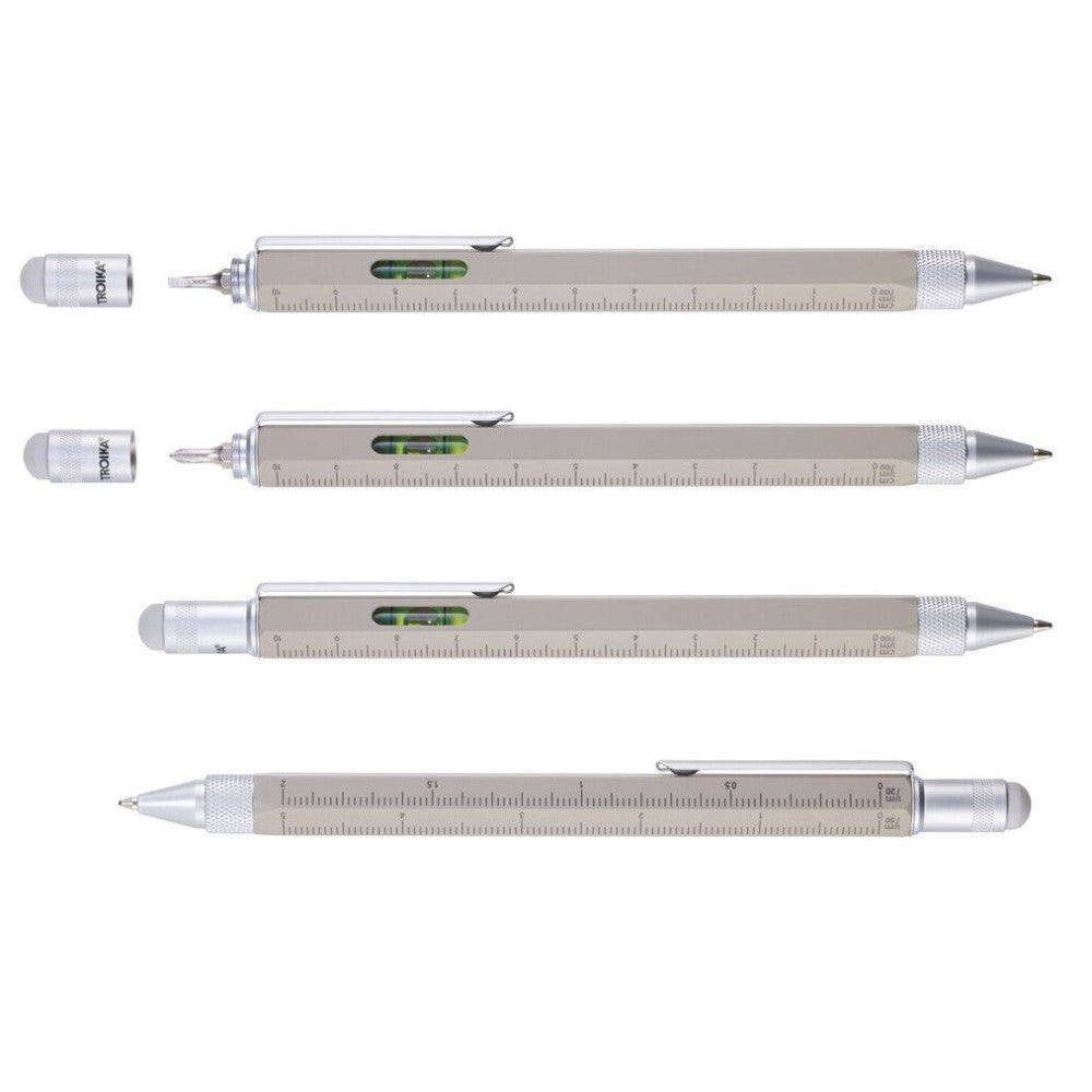 TROIKA Ballpoint Pen Mini Tool: Pen, Ruler, Screwdrivers, Spirit Level, Stylus: Concrete Grey
