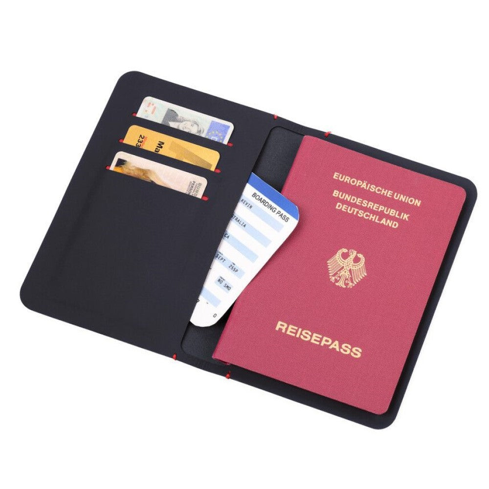 TROIKA Germany SLIM PASS Passport Cover. 2 Compartments. 3 RFID Protected Credit Card Slots. Black Faux Leather with Antibacterial Coating. Personalisable