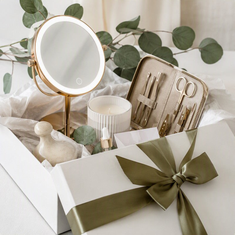 Gift box for her with a cosmetic mirror and manicure set