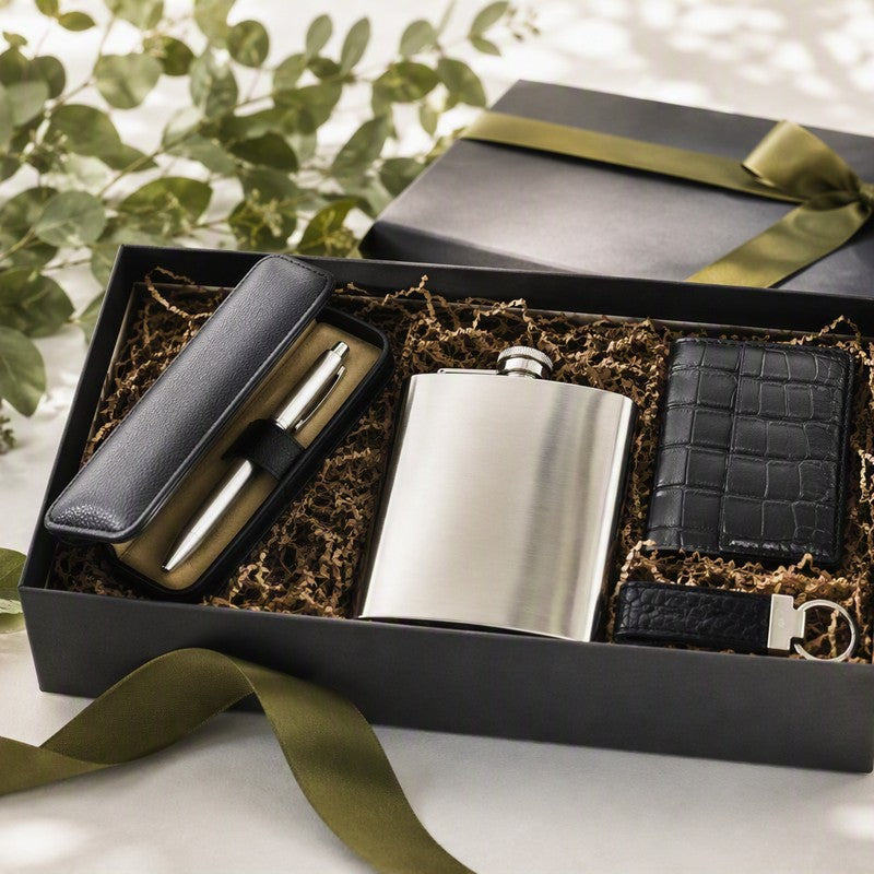 Gift box for him with a pen, hip flask and wallet