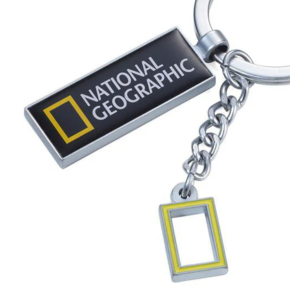 Close-up of the National Geographic logo tag and yellow frame charm