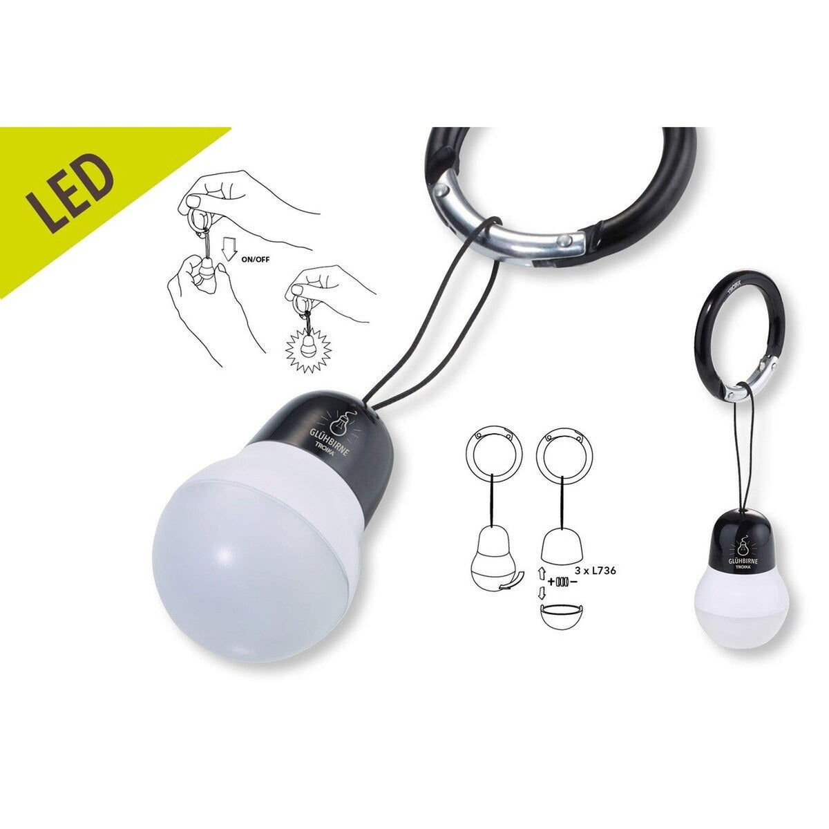 How the TROIKA light bulb bag light works: pull the cord to switch it on