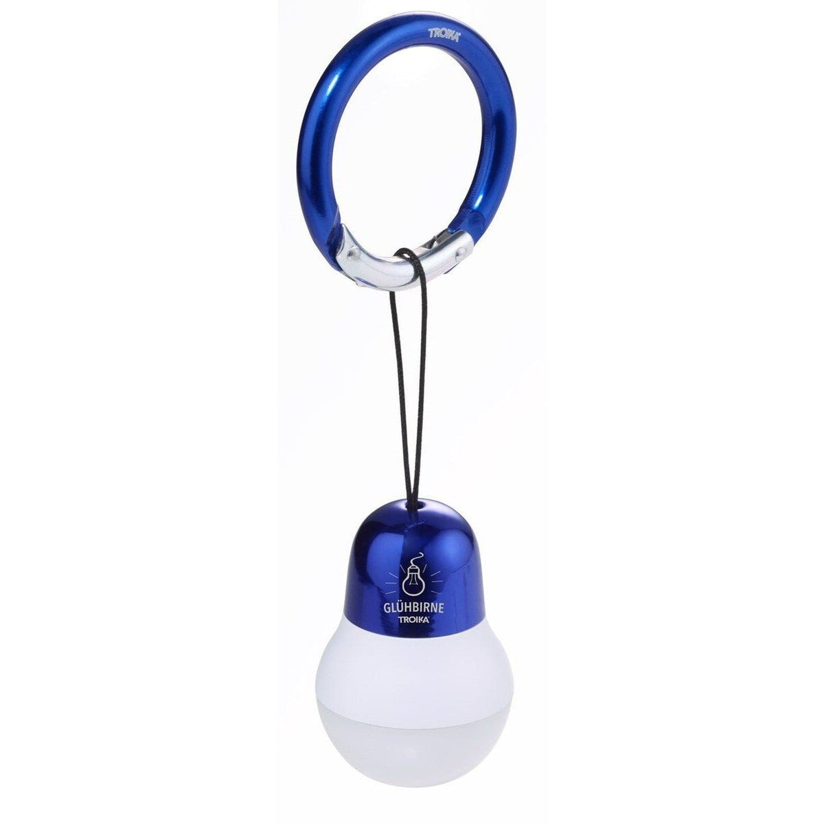 TROIKA light bulb bag light in dark blue hanging from its carabiner