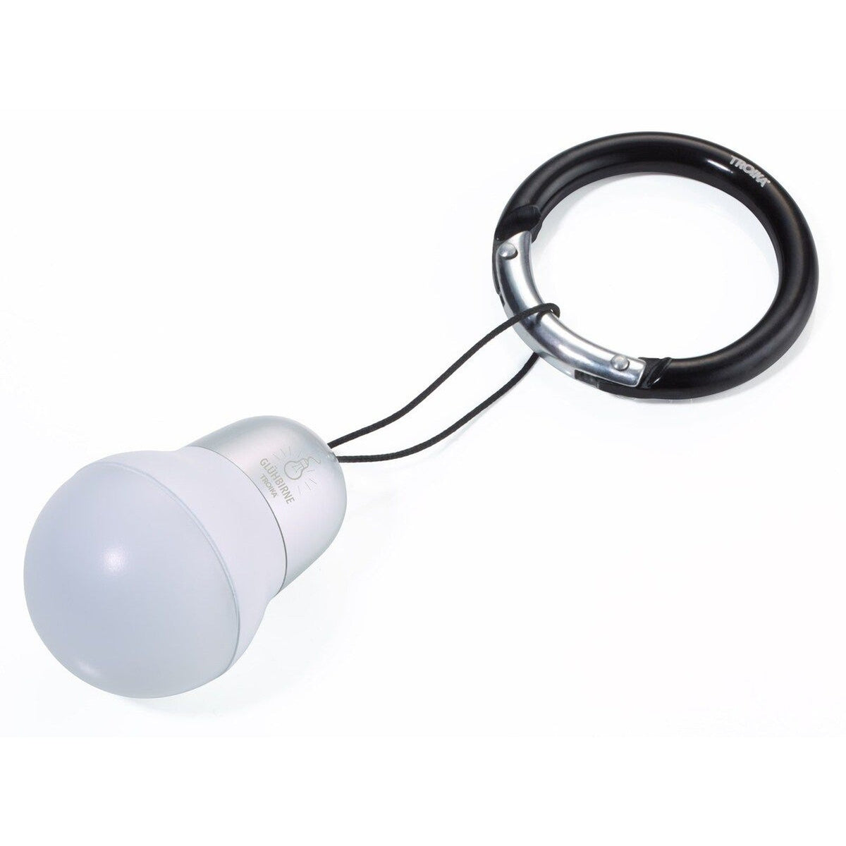 TROIKA Germany mini LED bag light, light bulb shape, silver, on a snap hook carabiner