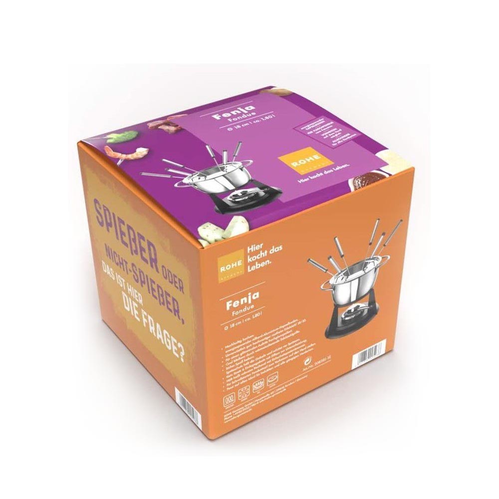 ROHE Fondue Set Pot, Base, Burner, 6 Forks, Splash Guard "Fenja" - 18cm (2.2L)