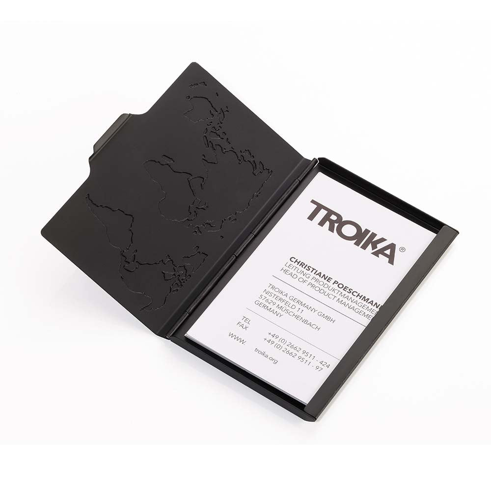 TROIKA Business Card Case with Embossed World Map - Black