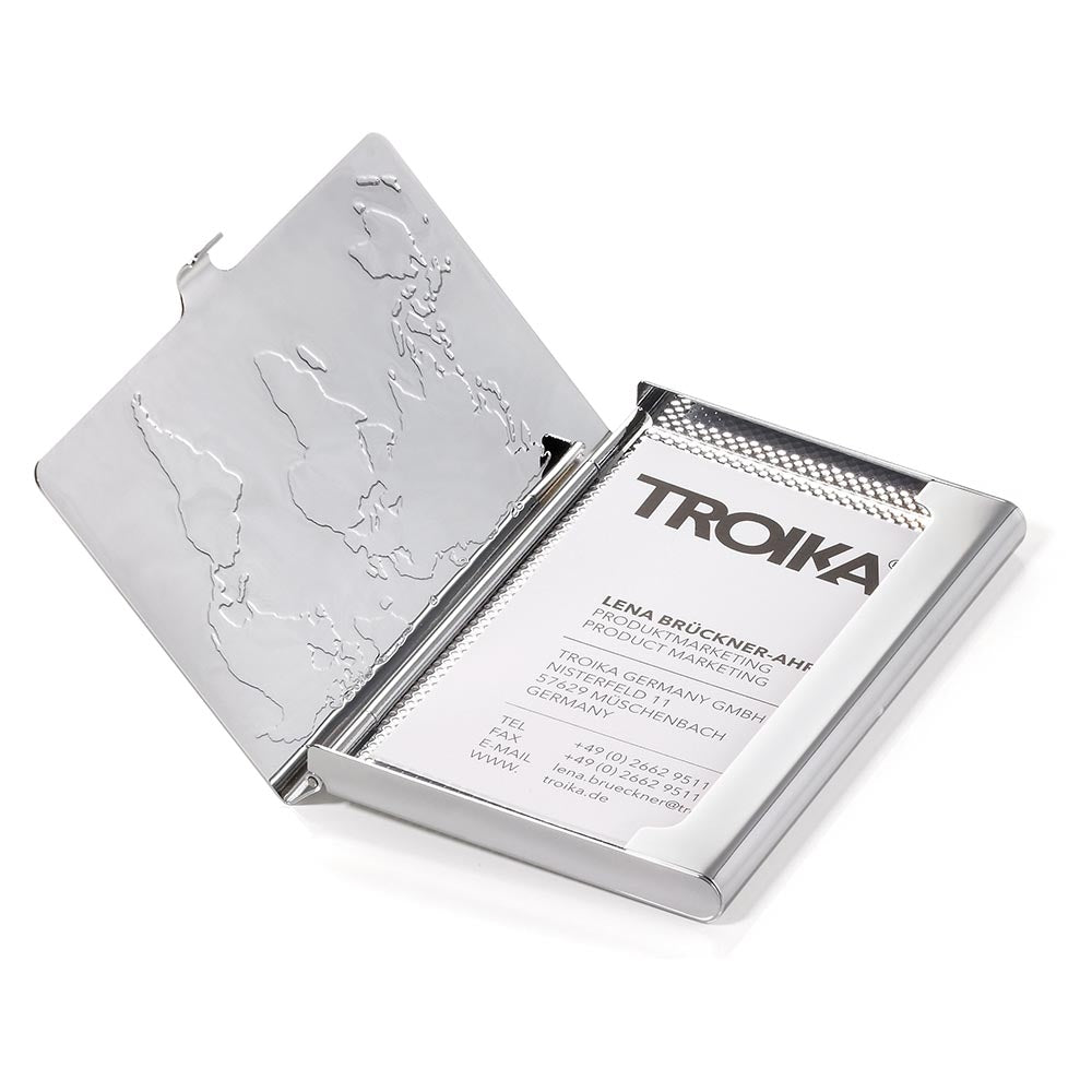 Troika Business Card Case with Embossed World Map 9cm - Silver Colour