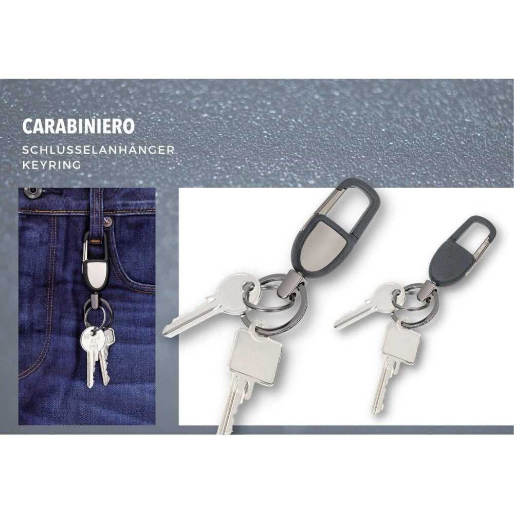TROIKA Keyring: Stylised Carabiner Snap Hook & 2 Key Rings: Gunmetal/Black