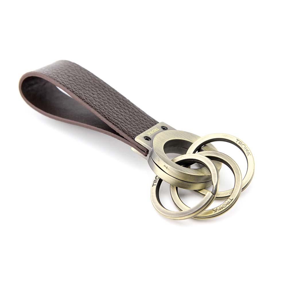TROIKA Key-Click Leather Keychain with Click Mechanism - Brown/Antique Gold
